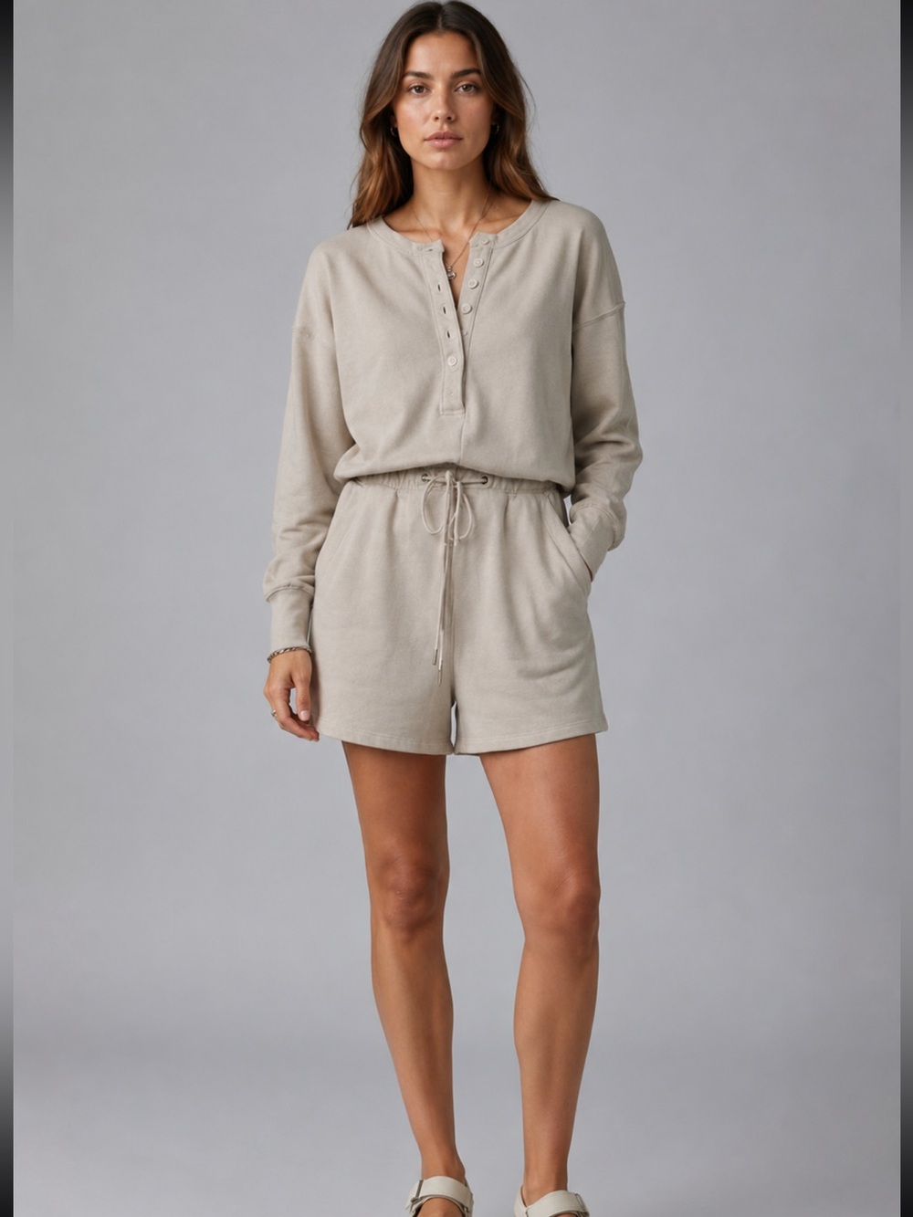 Citizens of Humanity Loulou Long-Sleeve HenleyFleece Romper in Feather Taupe XS